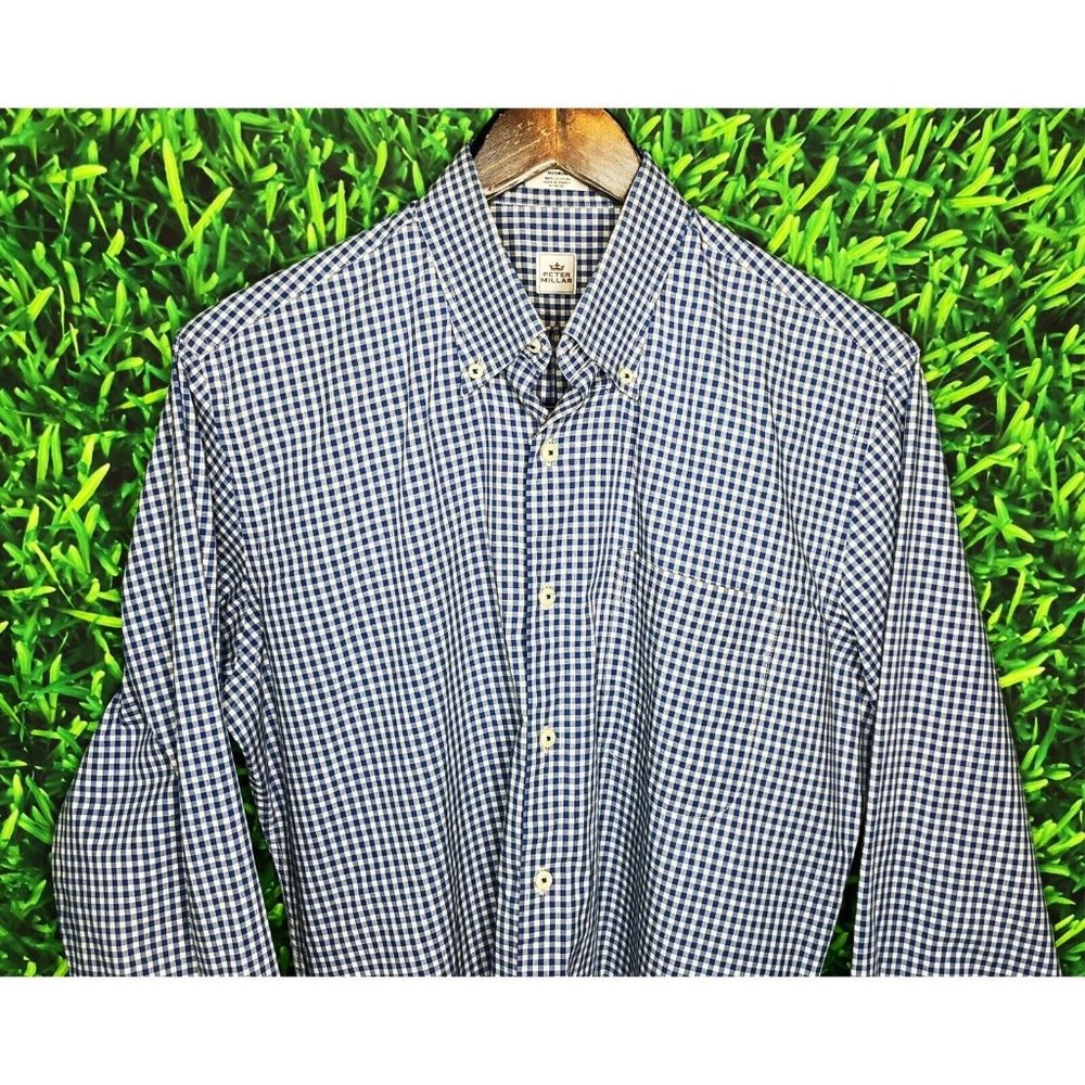 Peter Millar Men’s Long Sleeve Button Front Medium Blue Gray Plaid Shirt